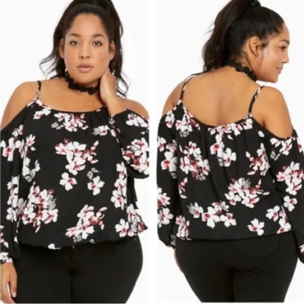 Torrid ‘Orchid Revolution’ Floral Print Georgette Cold Shoulder Top in Size 1/1X